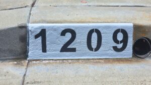 Painted curb address number 1209 in black on a white background, Los Angeles