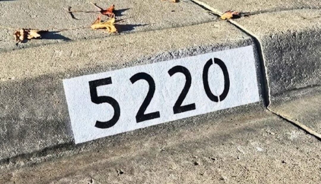 Freshly painted black curb address number on a white background in Los Angeles