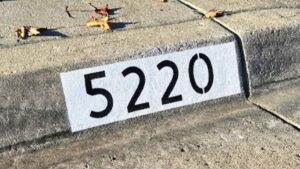Painted curb address number 5220 in black on a white background, Los Angeles