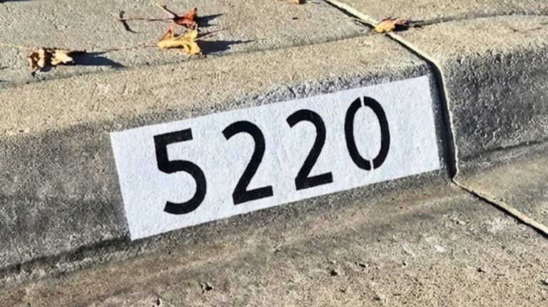Painted curb address number 5220 in black on a white background, Los Angeles