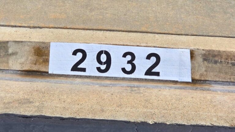 Painted curb address number 2932 in black on a white background, Los Angeles