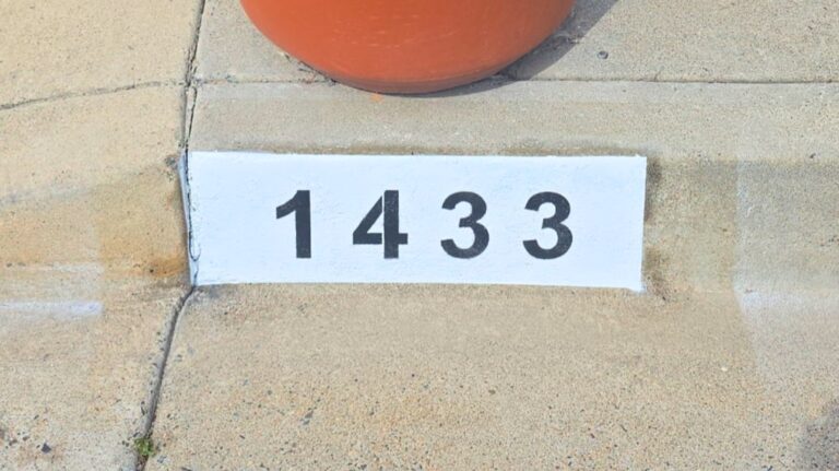 Painted curb address number 1433 in black on a white background, Los Angeles